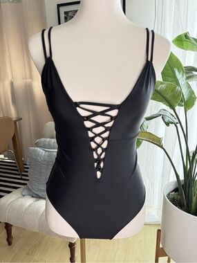 Cami and Jax Black Lace-Up Plunge One-Piece Swimsuit